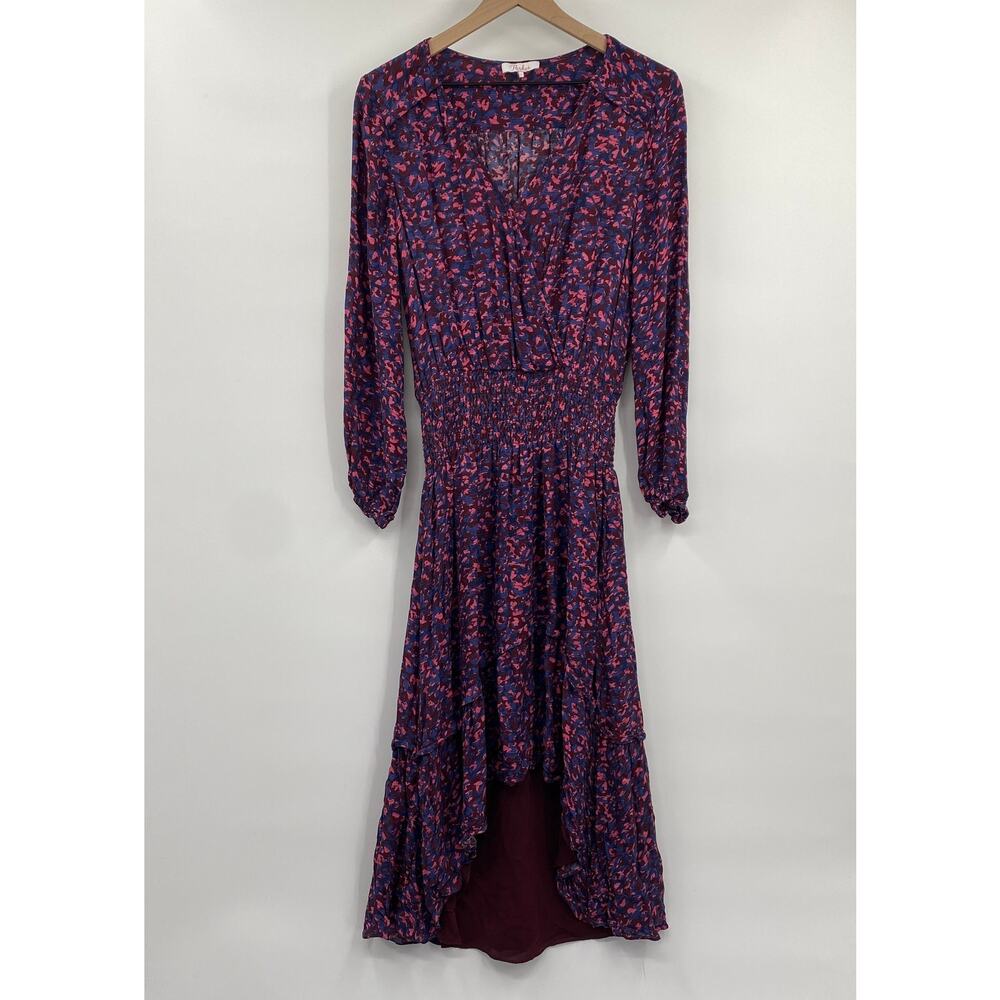 Parker Elizabeth Floral Long Sleeve Midi Dress Silk Blend Blouson Faux Wrap L - Picture 2 of 10
